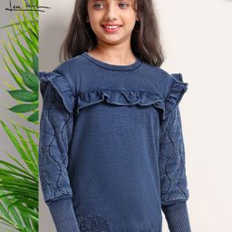 Arias indigo Cotton terry  Sweatshirt with applique embroidery And Quilted Sleeve - Indigo-image-48