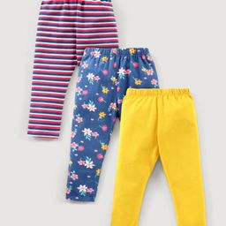 Babyhug Cotton Knit Full Length Leggings Floral Printed Pack of 3 - Yellow Blue & Red-picture-26