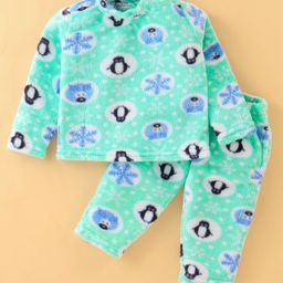 Kanvin Supersoft Extra Warm Velour Full Sleeves Winter Night Suit with Penguin Print - Mint Green-image-99