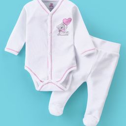 I Bears Cotton Interlock Full Sleeves Teddy Printed Onesie with Bootie Legging - White-image-58