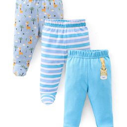 Babyhug Cotton Knit Striped & Giraffe Printed Bootie Pants Pack of 3 - Blue-image-89