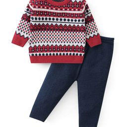 Babyhug Knitted Full Sleeves Floral Design Sweater Set - Navy & Red-picture-11