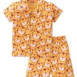 Babyhug Cotton Knit Interlock Half Sleeves Night Suit With Tiger Print - Yellow & Red-image-53