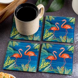 Kolorobia Tropical Rain Forest World Flamingo Inspired Square Glass Coaster- Blue-image-89