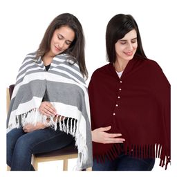 Lulamom Multi-Purpose Breast Feeding Nursing Shawl - Pack of 2 (Navy stripes & Maroon solid)-image-79