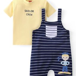 Babyhug Single Jersey Knit Striped Dungaree with Half Sleeves T-Shirt - Yellow & Blue-image-87