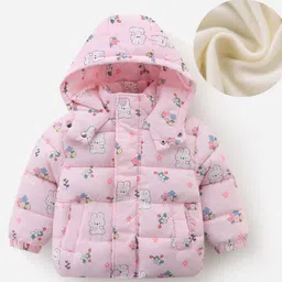 Kookie Kids Full Sleeves Padded Hooded Jacket with Bunny & Floral Print - Pink-picture-35