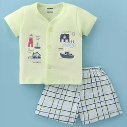 Cucumber Cotton Half Sleeves Night Suit With Beach Print - Light Neon Green-image-22