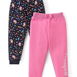 Babyhug Cotton Knit Lounge Pants Unicorn & Floral Print with Bow Applique  Pack of 2 - Multicolour-16
