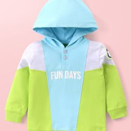 Babyhug Cotton Knit Full Sleeves Hooded Sweatshirt with Text Print & Cut & Sew Design - Blue & Lime Green-image-8