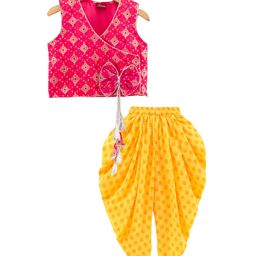 Twisha Sleeveless Ethnic Motif Printed & Bow Applique Detailed Top & Dhoti - Red & Yellow-image-79