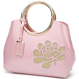 SYGA Women's Glossy Patent Leather Handbag With Flower Design (Pink)-image-10
