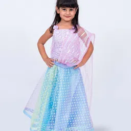 Elaisha Sleeveless Floral Lace Embellished Top With Draped Dupatta & Motif Designed Net Lehenga Set - Mauve-picture-10