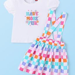 Babyhug Cotton Knit Half Sleeves Text Printed Top & Checkered Skirt With Suspender - Multicolor-image-49