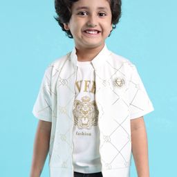 Dapper Dudes Half Sleeves Foil Embossed Jacket With Typography Printed Tee - White-image-34