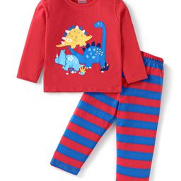 Babyhug Cotton Knit Full Sleeves Night Suit With Stripes & Dinosaurs Print - Red & Navy-image-21