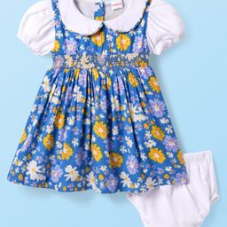 Babyhug Cotton Woven Half Puffed Sleeves Frock With Floral Print & Bloomer - Blue & White-image-43