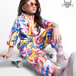 Ollington St. 100% Cotton Knit Full Sleeves Leaves Printed Co-Ord Collared Top & Joggers Set with Zipper - White Red & Pink-picture-31