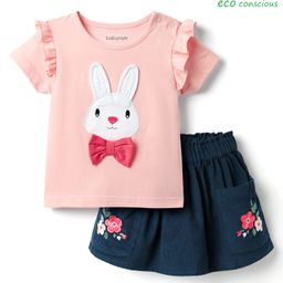 Babyoye Cotton Knit Half Sleeves Top & Skirt Set With Bunny Patch & Floral Embroidery - Pink & Navy Blue-image-62