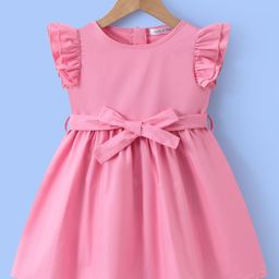 Mark & Mia Frill Sleeves Solid Cotton Frock With Bow Applique - Pink-image-41