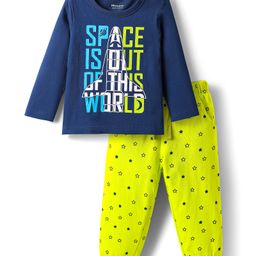 Honeyhap Premium Cotton Knit Full Sleeves Night Suit with Bio Finish & Text Print - Navy Peony & Limeade-image-70