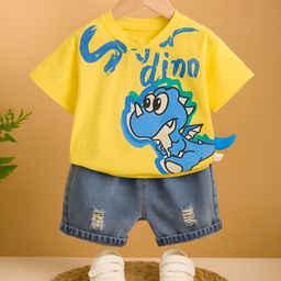 Googo Gaaga Cotton Half Sleeves Dinosaur Printed Tee With Denim Distressed Shorts Set - Yellow-picture-22