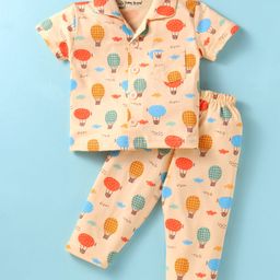 Little Darlings Sinker Knit Half Sleeves Front Open Air Balloon Printed Night Suit - Light Orange-image-33