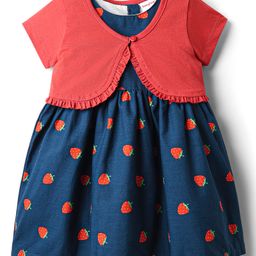 Babyhug Cotton Woven Half Sleeves Shrug & Frock with Fruit Print & Frill Detailing - Navy Blue & Red-image-40