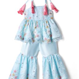 Saka Design Net Woven Sleeveless Kurta & Gharara Set with Floral Embriodery - Light Blue-image-1