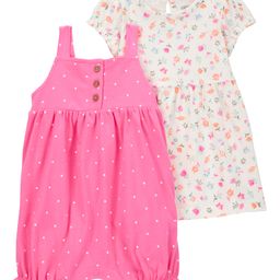 Carter's Knit Sleeveless Romper & Half Sleeves Frock With Floral & Polka Dot Print & Bloomer - Dark Pink & White-image-39