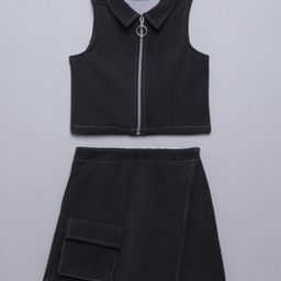 Taffykids Denim Sleeveless Solid Crop Top & Skirt Set - Black & White-image-15