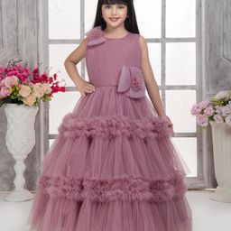 Tiny Kingdom Net Sleevless Floral & Bow Applique Detailed Tiered Gown - Plum-image-48