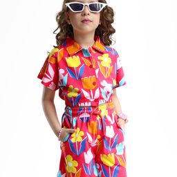 OLLINGTON ST. Cotton Knit Co-Ord Set Half Sleeves Top & Short with Floral Print - Red-image-27