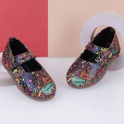 SHOES FOR JUNIORS Abstract Designed Mary Jane Ballerinas With Velcro Closure - Multi Colour-image-112