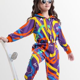 OLLINGTON ST. 100% Cotton Winterwear Set Of Printed Full Sleeves Hooded Jacket & Joggers - Purple & Yellow-picture-17