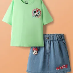 Pine Kids Disney Single Jersey Knit Drop Shoulder Half Sleeves Oversized T-Shirt & Skirt Set with Front & Back Minnie Mouse Graphics - Light Green & Blue-picture-43