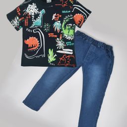 Kiwi Cotton Knit Half Sleeves Dinosaur Printed Tee & Denim Jeans Set - Blue-image-4