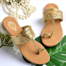 Shoetopia Braid Desiged Slip On Kolhapuri Sandals - Golden-picture-11