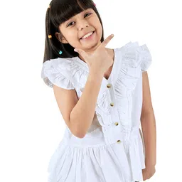 Olele Cotton Woven Frill Sleeves Solid Top - White-picture-20