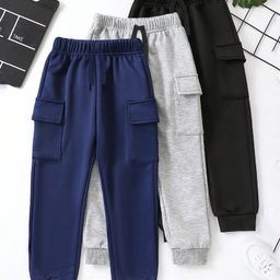 Trampoline Cotton Blend Knit Pack Of 3 Solid Cargo Joggers With Pockets - Blue Grey & Black-image-54