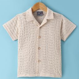 Dapper Dudes Half Sleeves Crochet Designed Shirt - Fawn-picture-39