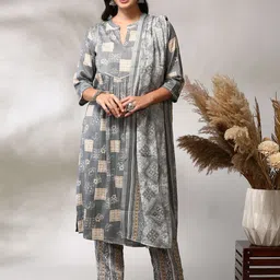 Anouk Geometric Printed Regular Straight Kurta with Trousers & Dupatta image 1