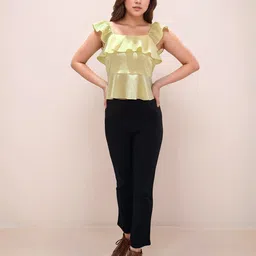 Zink London Women Yellow Textured Square Neck Shoulder Straps V-Blouses & Tops-image-48