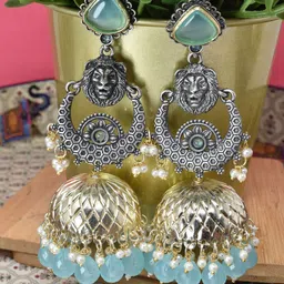 MEIRA JEWELLERY German Silver Silver Plated Stones Studded & Beaded Dome Oxidised Jhumkas-picture-1