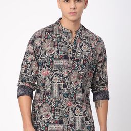 VASTRADO Quirky Foil Printed Band Collar Cotton Straight Short Kurta-picture-3