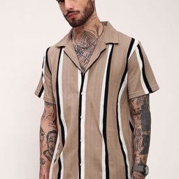 SHOWOFF Men Comfort Relaxed Fit Cuban Collar Vertical Striped Cotton Casual Shirt-image-90