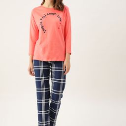 MBeautiful Women Peach-Coloured & Navy Blue Printed Pure Cotton Pyjama Set-picture-35