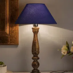 Homesake Brown Floral Carved Wood Table Lamp with Blue Shade (Bulb Included) - Set of 1-24