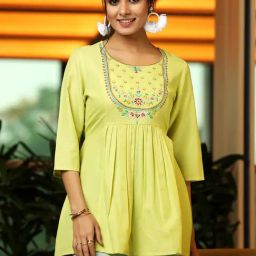 Libas Lime Green Cotton Blend Regular Fit Floral Kurtis-image-4