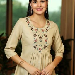 Libas Beige Cotton Blend Regular Fit Floral Kurtis-image-87